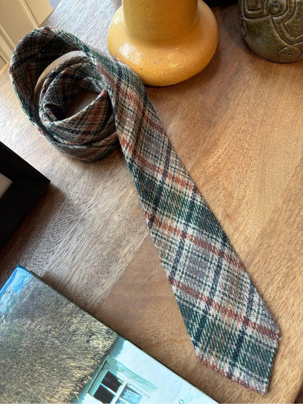 Plaid Wool Tie in Green and Tan